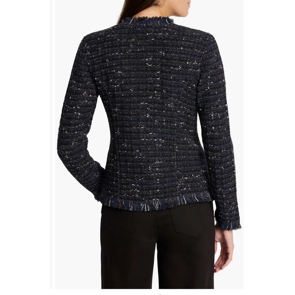 NIC ZOE Tweed Fringe Collarless Blazer Jacket Navy Multi Textured Cropped pp‎ - Picture 2 of 9
